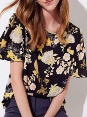 LOFT Black Floral Flutter Sleeve Blouse with Yellow Accents